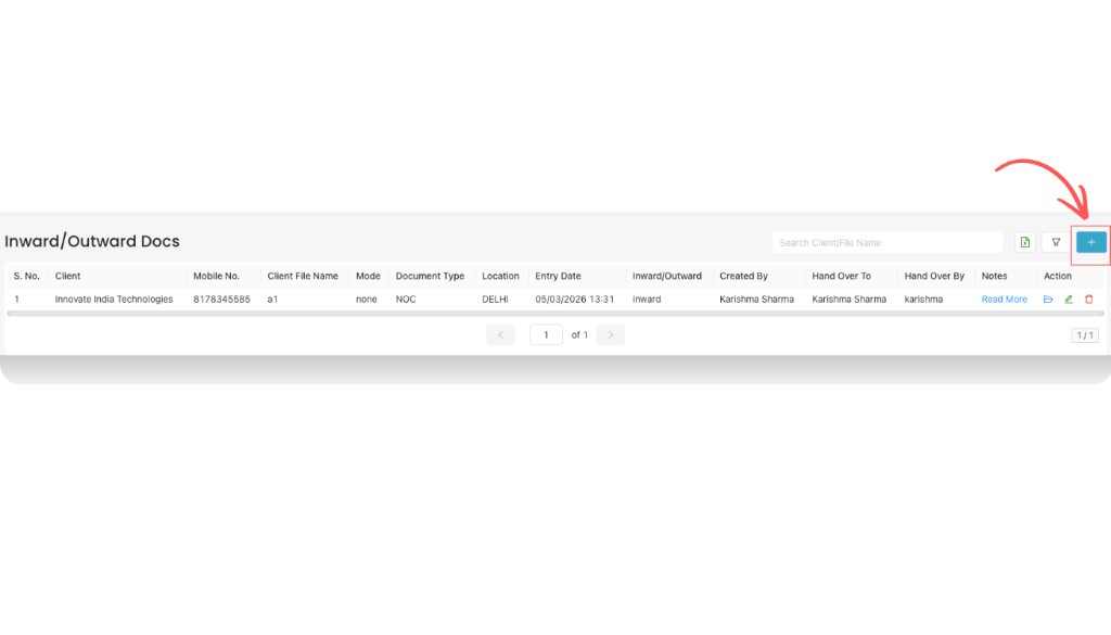 Inward/Outward Docs list with plus button highlighted on the top-right