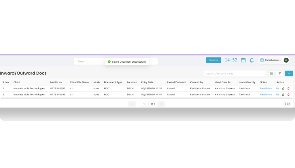 Inward/Outward Docs list showing success message and two inward entries