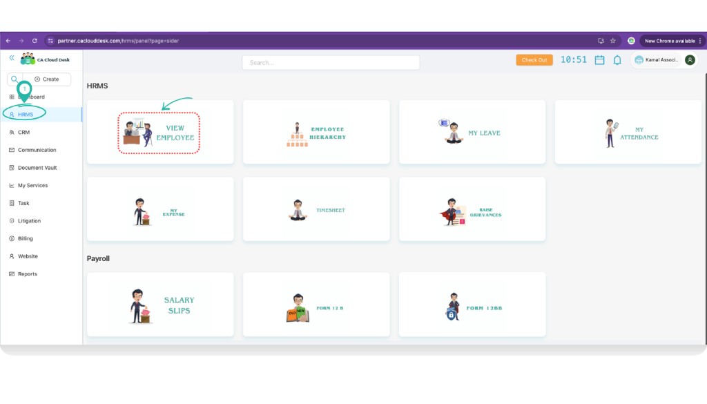 HRMS screen with View Employee card highlighted