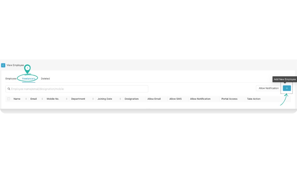 View Employee screen showing Freelancers tab and plus icon to add new employee