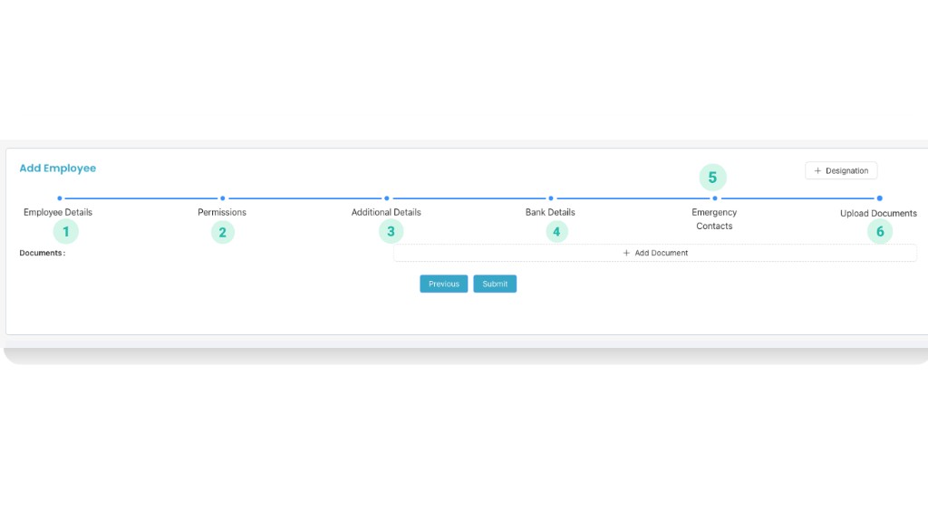 Add Employee flow with steps Employee Details, Permissions, Additional Details, Bank Details, Emergency Contacts, Upload Documents