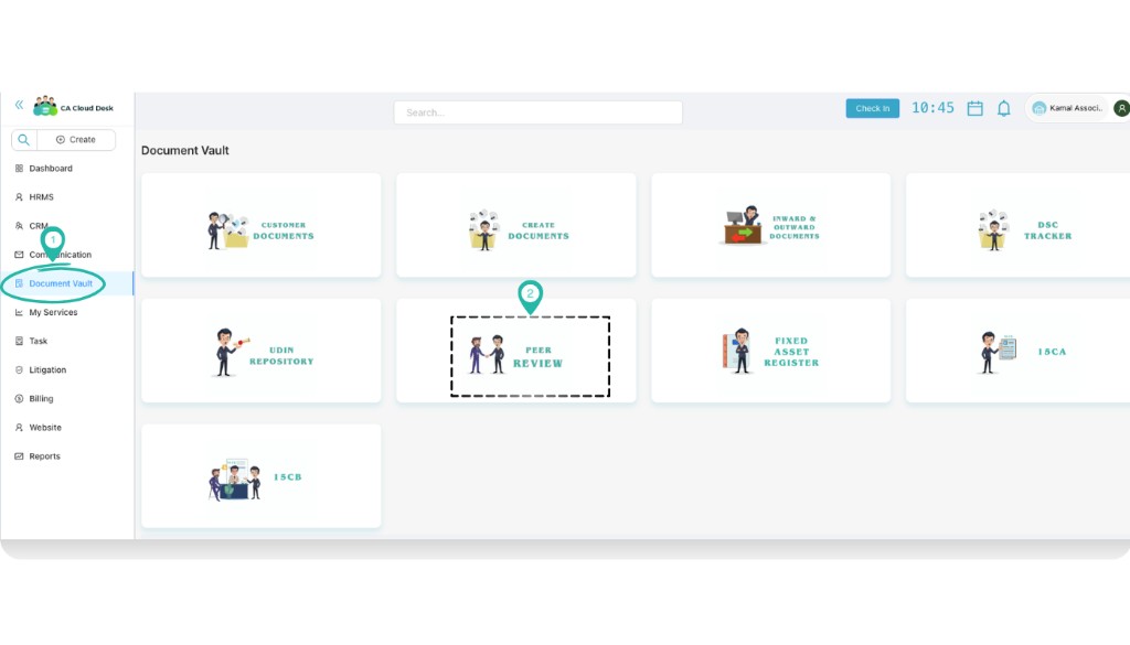 Document Vault screen with Peer Review card highlighted