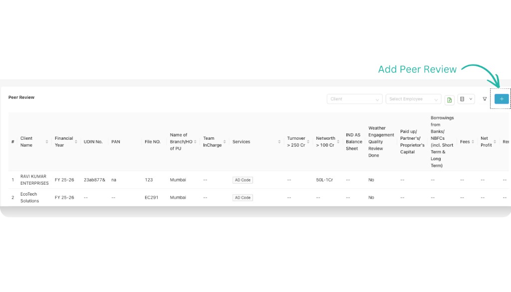 Peer Review list screen with filters and plus icon to add peer review