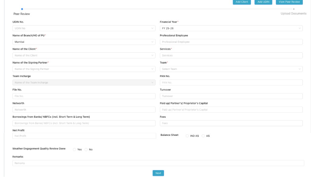 Add Peer Review details form with fields for UDIN, financial year, branch, client, team, turnover and other details