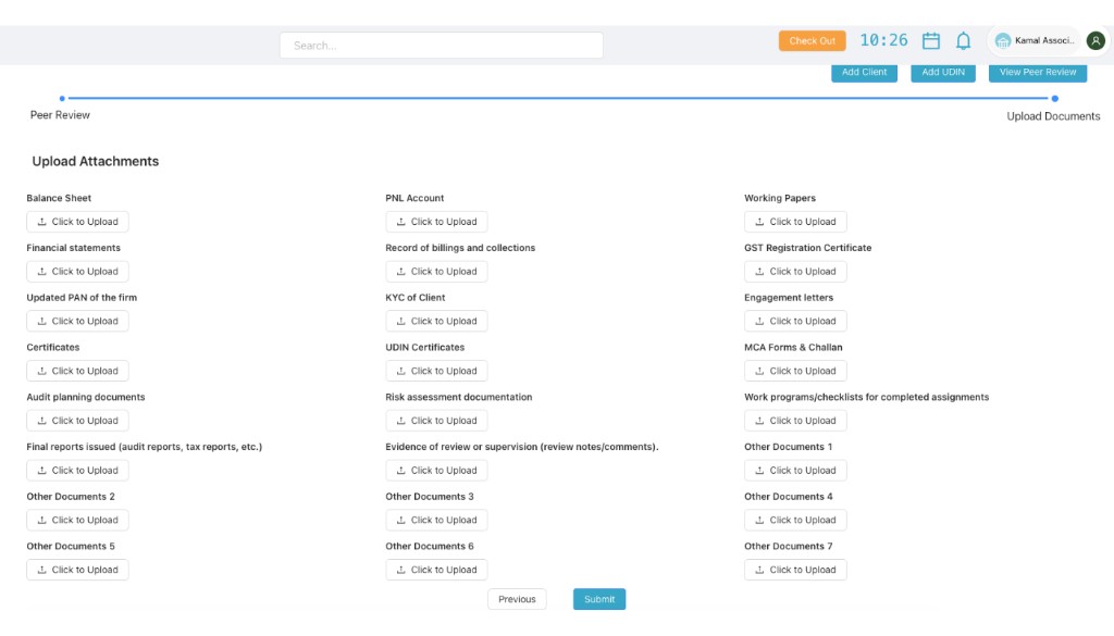 Upload attachments screen with multiple document upload buttons like Balance Sheet, PNL Account, Working Papers and more
