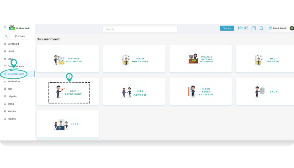 Document Vault screen with UDIN Repository card highlighted