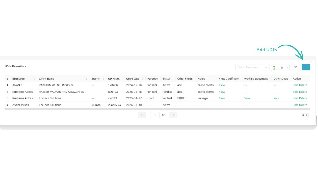 UDIN Repository grid with UDIN list and Add UDIN button