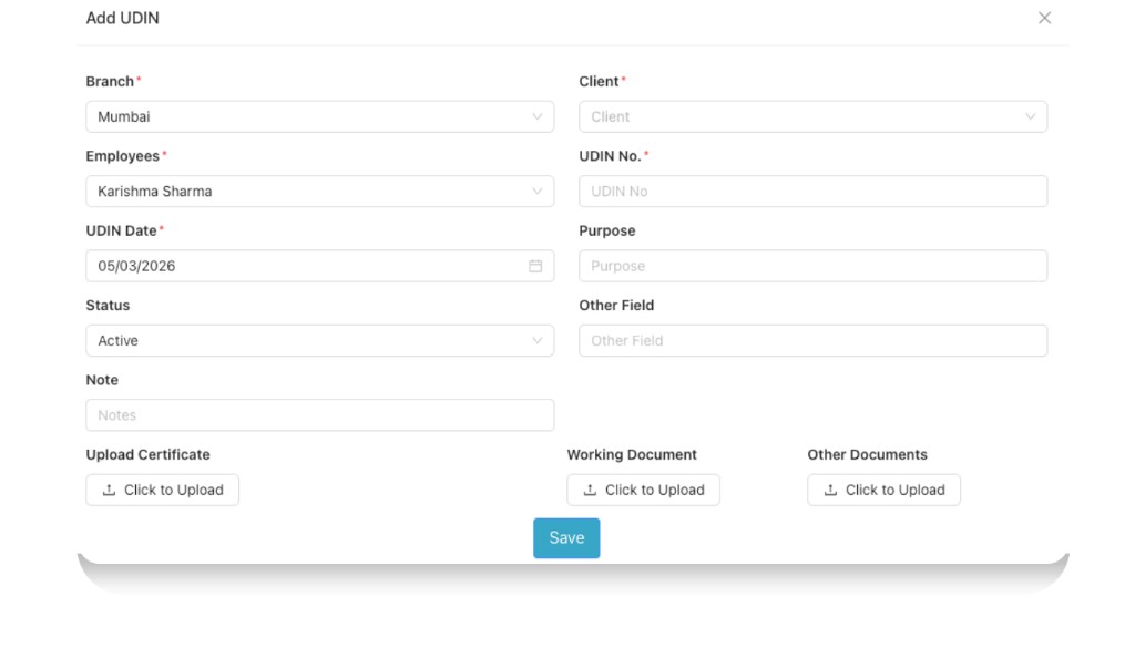 Add UDIN form with all UDIN details fields
