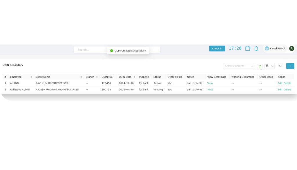 UDIN list with UDIN Created Successfully message