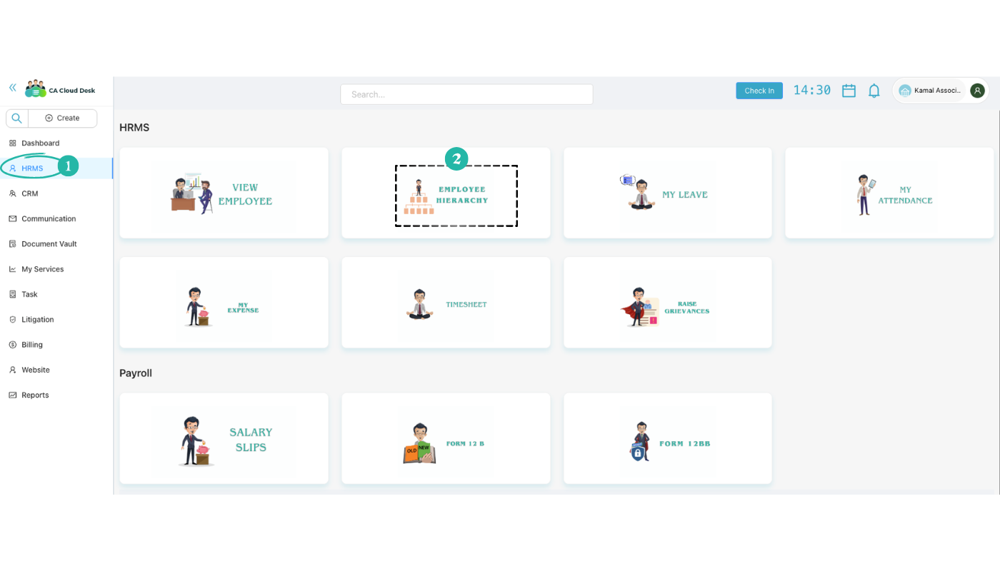 Dashboard with HRMS selected and Employee Hierarchy card