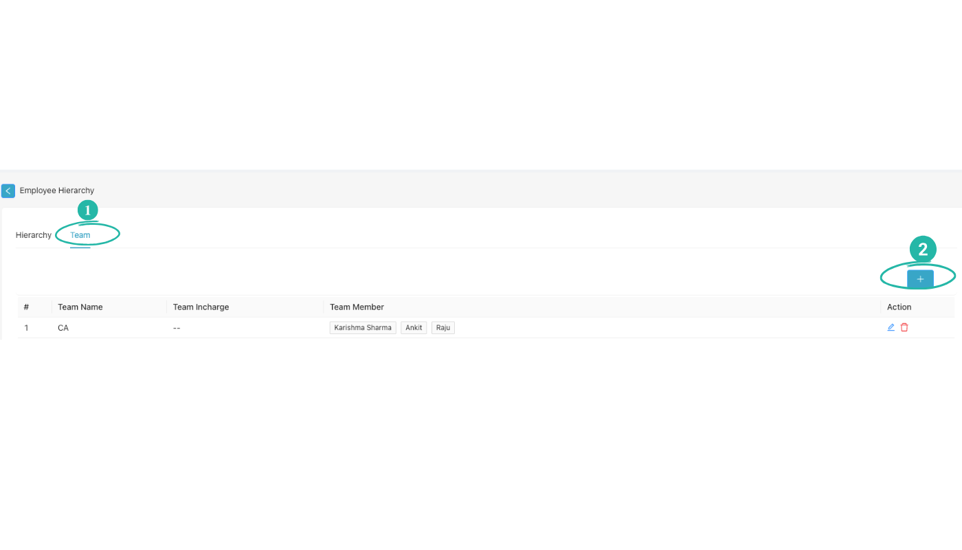 Team tab with table and + icon to create team or add members