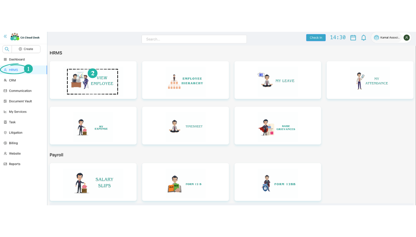 HRMS section with View Employee card highlighted