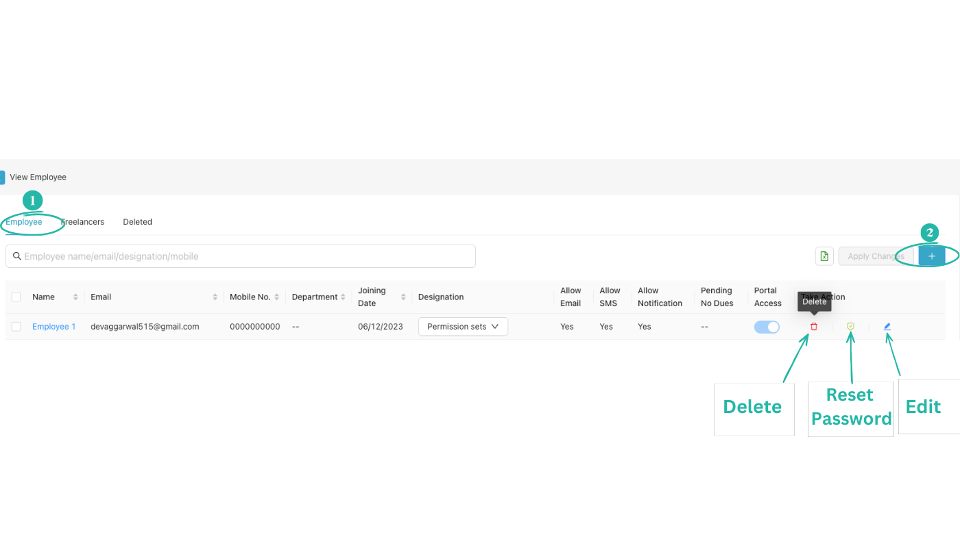 View Employee table with actions