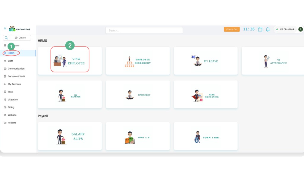 Navigate to HRMS from the left panel and open View Employee.