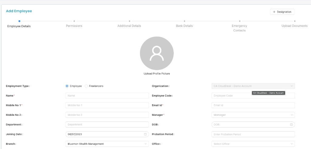 Part A (Basic Details) form fields in Add Employee.
