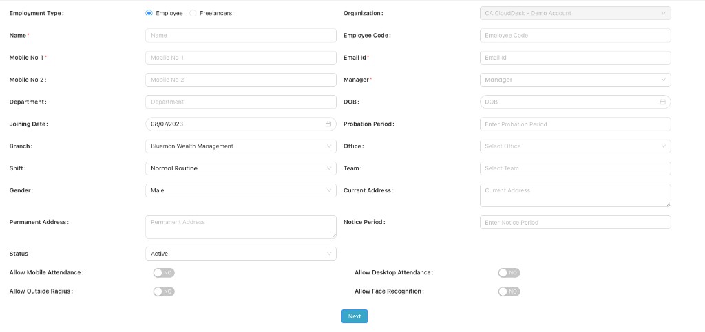 Part B (Employment Details) fields and attendance access controls in Add Employee.