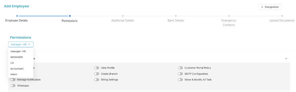 Part C (Permissions) selection and toggle options in Add Employee.