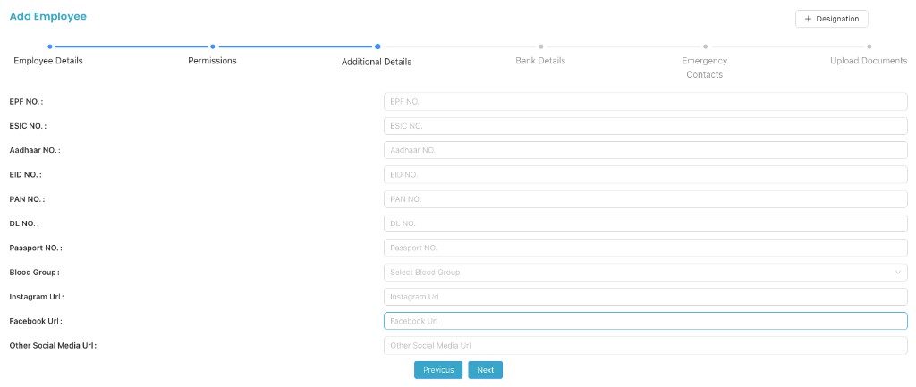 Part D (Additional Details) identity and document fields in Add Employee.