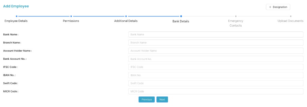 Part E (Bank Details) fields in Add Employee.