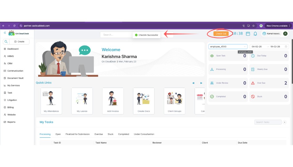 Checkin Successful message and Check Out button