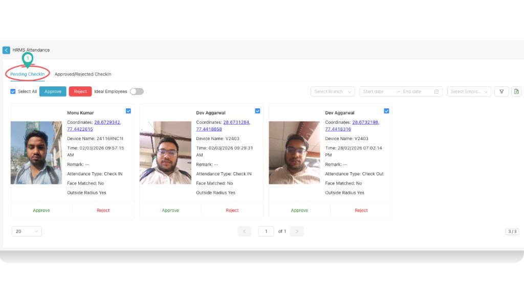 Pending Checkin tab with attendance cards and bulk actions