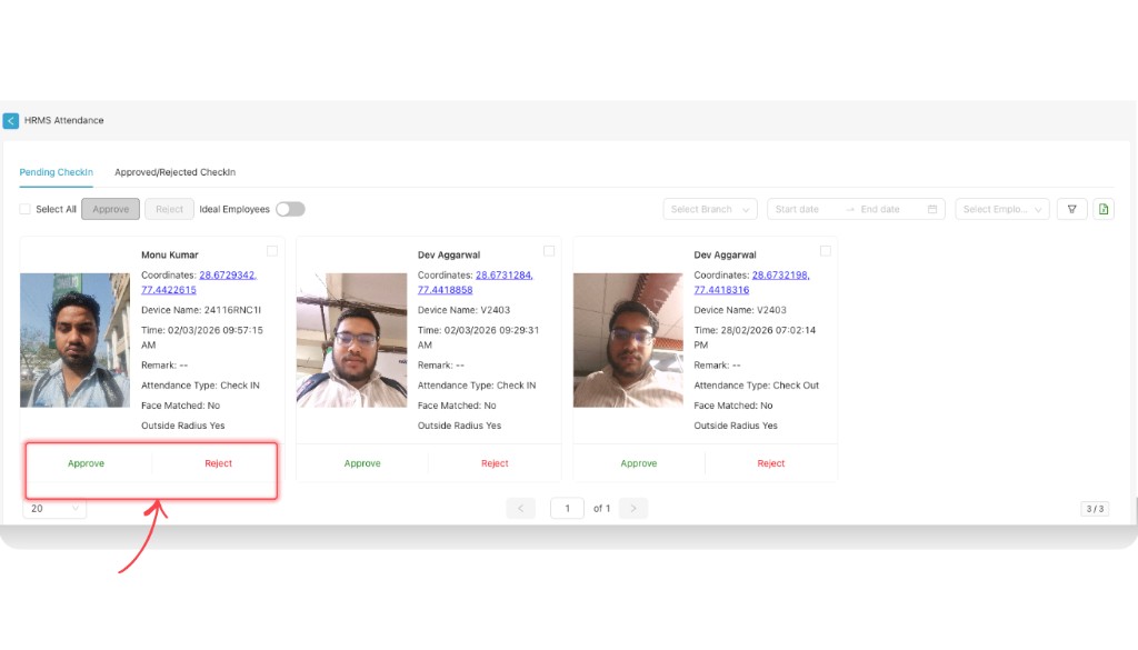 Single attendance card with Approve and Reject buttons highlighted