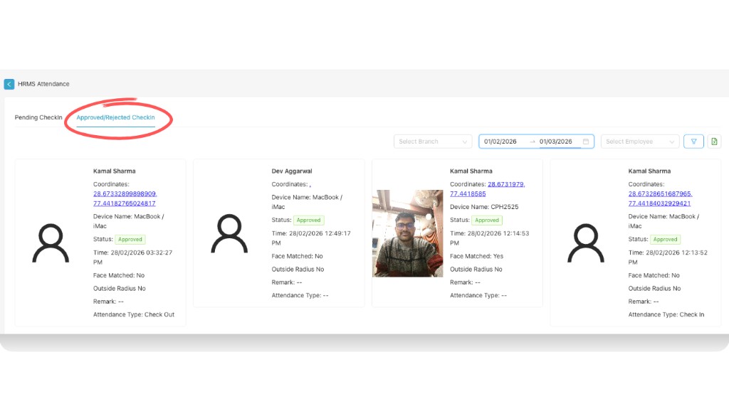 Approved/Rejected Checkin tab with status and attendance details