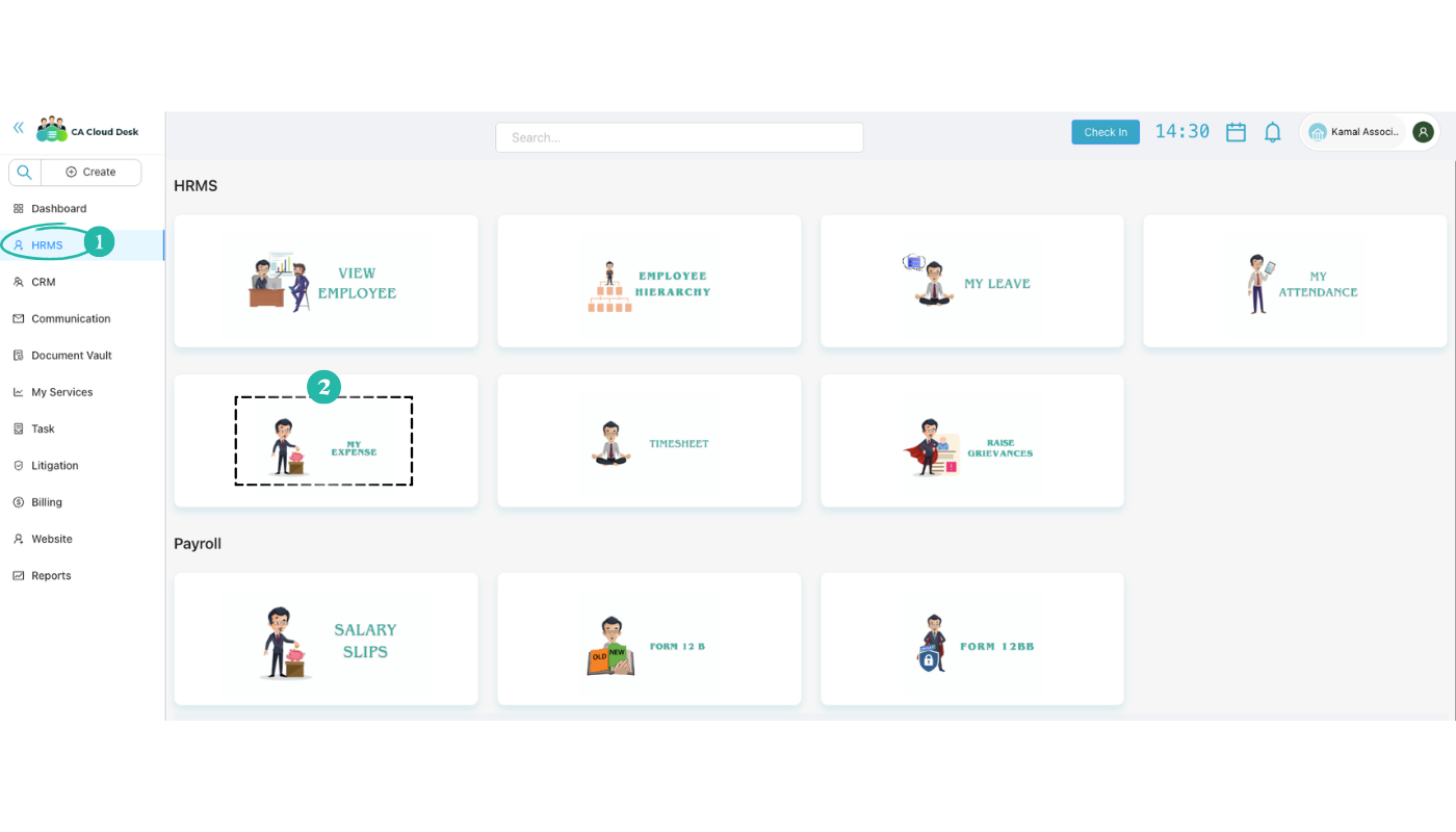 Dashboard with HRMS selected and My Expense card highlighted