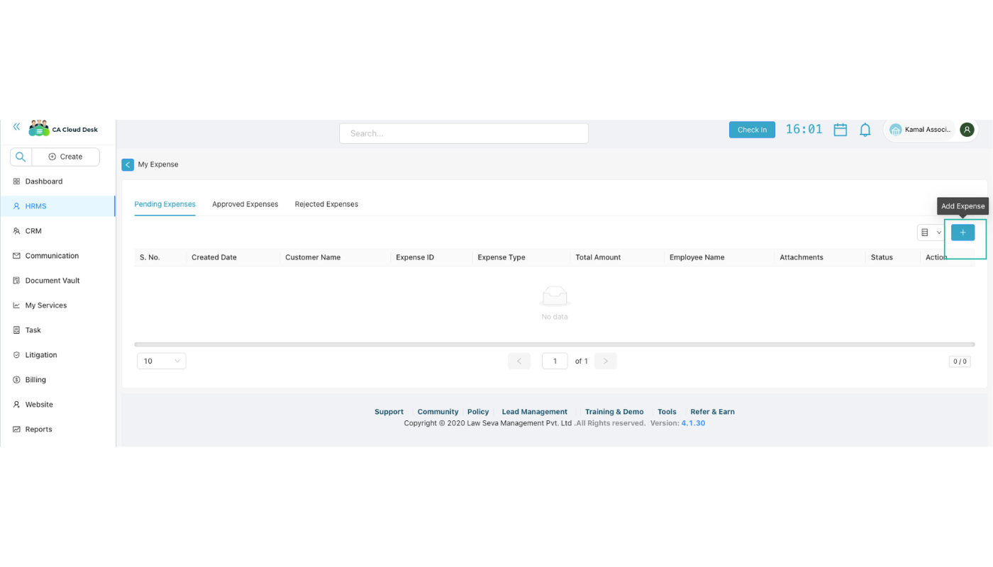 My Expense screen with Pending, Approved, Rejected tabs and expense table