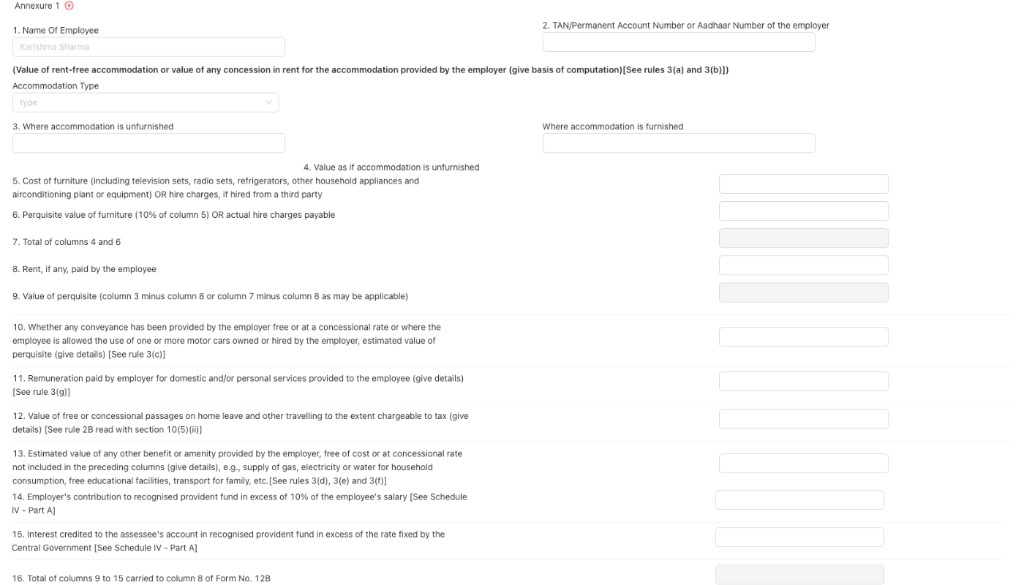 Annexure 1 form with employee name, TAN/PAN, accommodation and perquisite columns