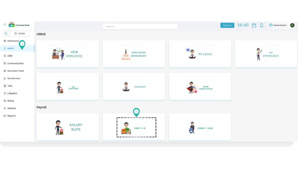 Dashboard with HRMS selected and Form 12 B under Payroll