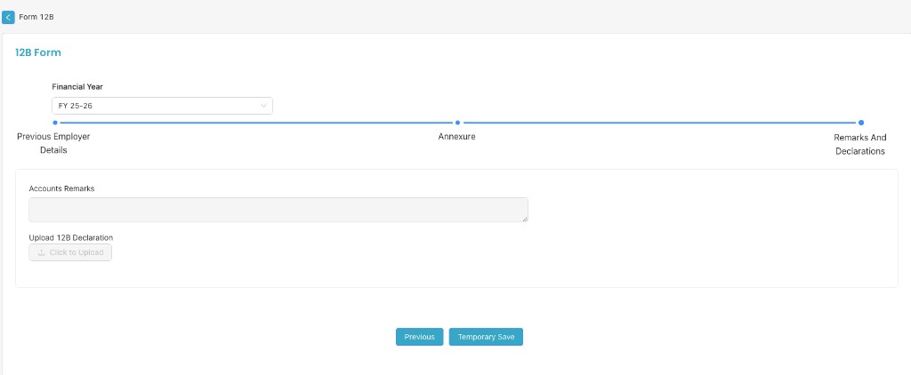 Remarks And Declarations section with Accounts Remarks and Upload 12B Declaration