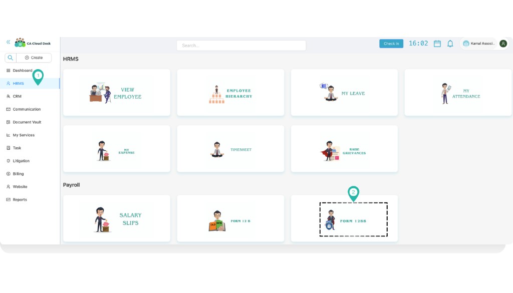 CA Cloud Desk dashboard with HRMS selected in left nav and Form 12BB highlighted under Payroll