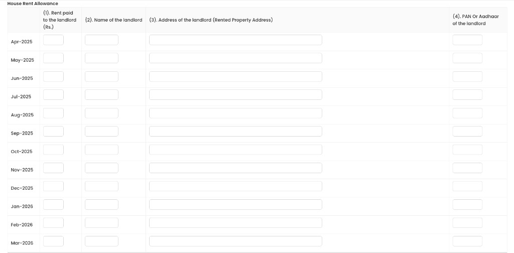 House Rent Allowance table with columns: Rent paid, Name of landlord, Address, PAN/Aadhaar for each month Apr-2025 to Mar-2026