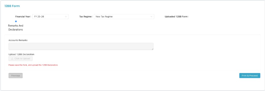 Remarks And Declarations: Accounts Remarks, Upload 12BB Declaration, Print & Proceed