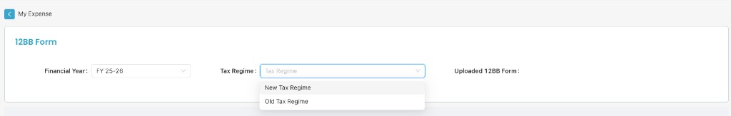 12BB Form with Financial Year, Tax Regime dropdown (New/Old), and Uploaded 12BB Form