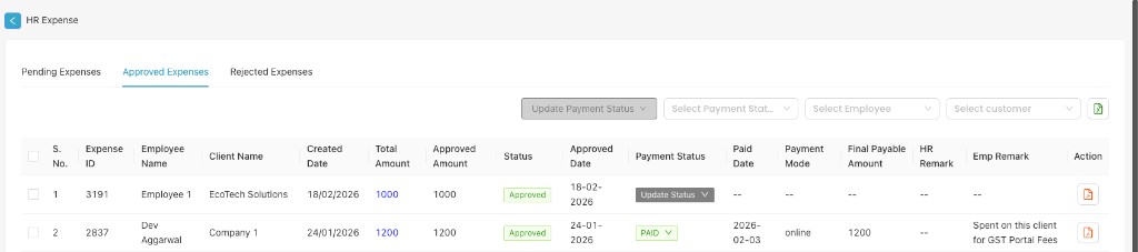 HR Expense – Approved Expenses tab with payment status and table