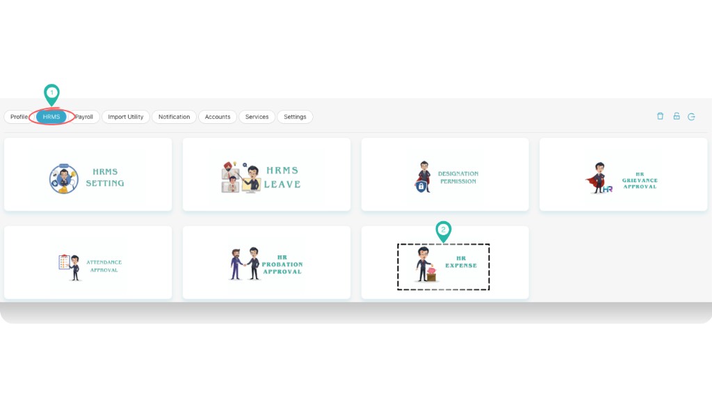 HRMS section with HR Expense card highlighted