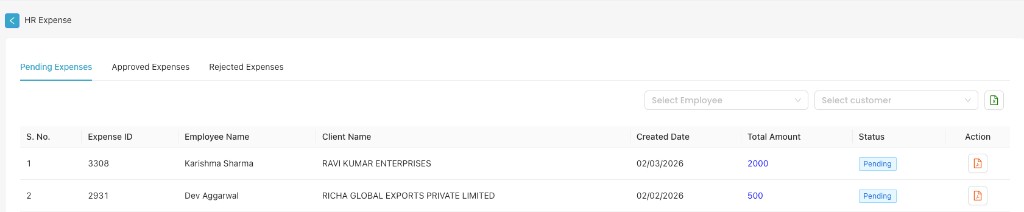 HR Expense – Pending Expenses tab with table