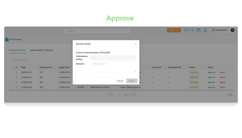 Remark Detail modal when approving a grievance