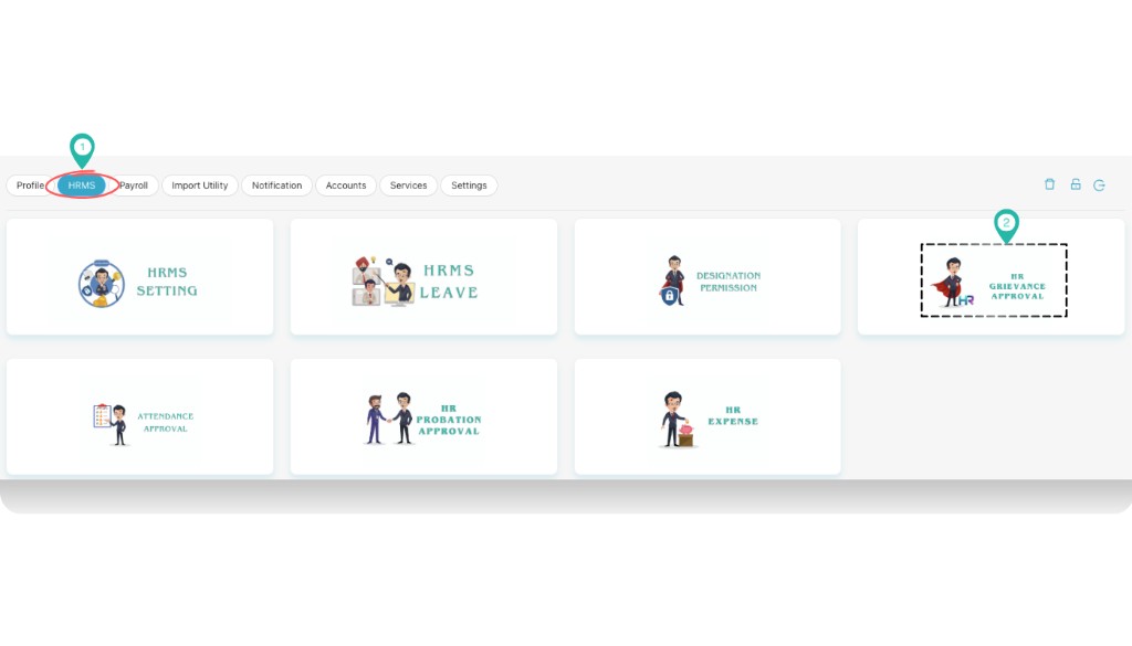 HRMS section with HR Grievance Approval card highlighted