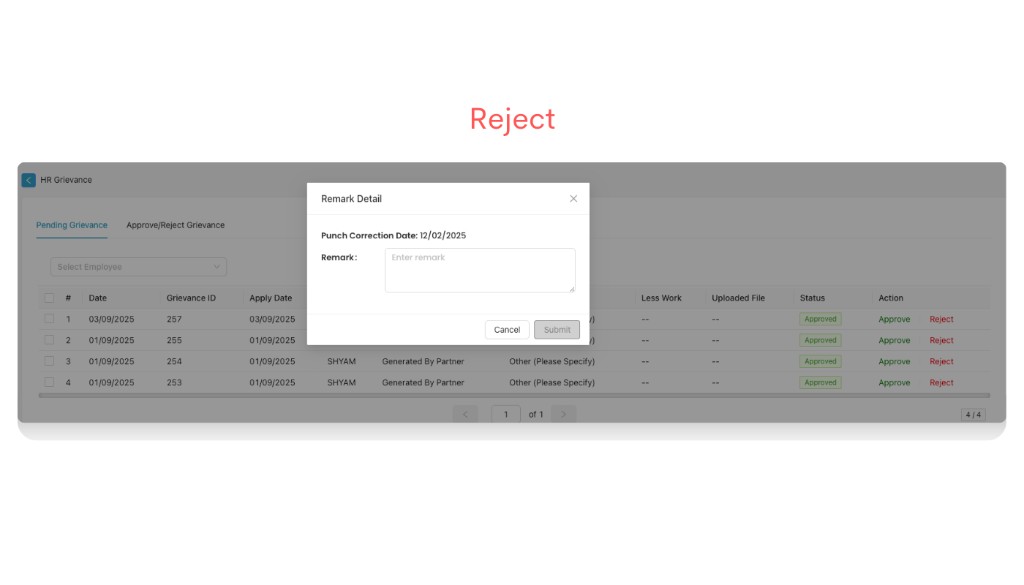 Remark Detail modal when rejecting a grievance