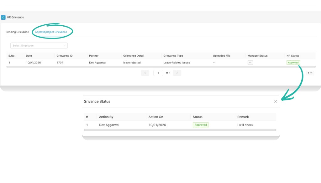 Approve/Reject Grievance tab with HR Status and Grievance Status pop-up