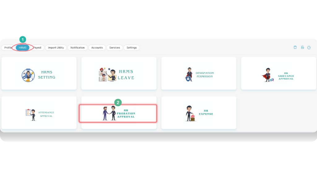 HRMS Probation screen with Pending and Approved/Rejected tabs and Approve/Extend actions