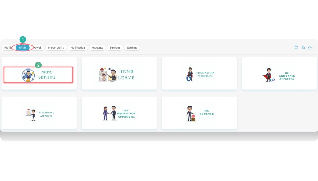 Profile Settings screen with HRMS Settings option highlighted