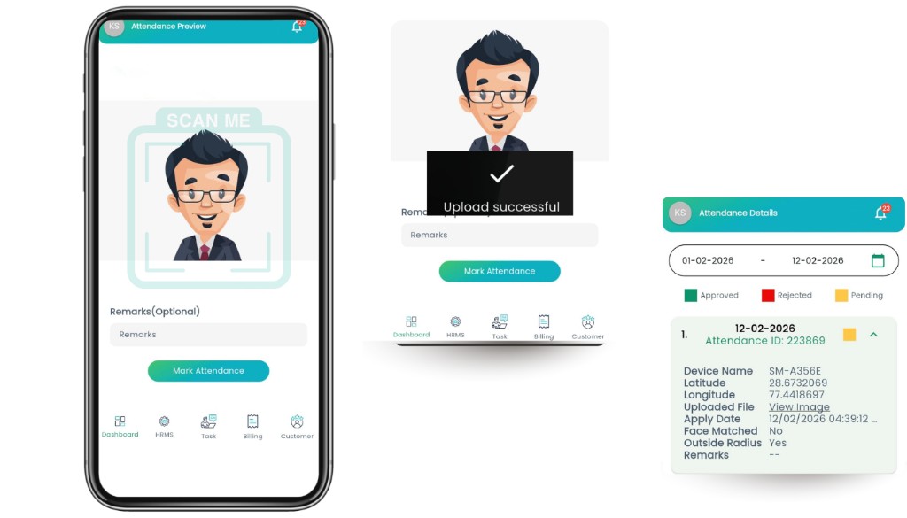 Mobile Mark Attendance screen with face frame and remarks