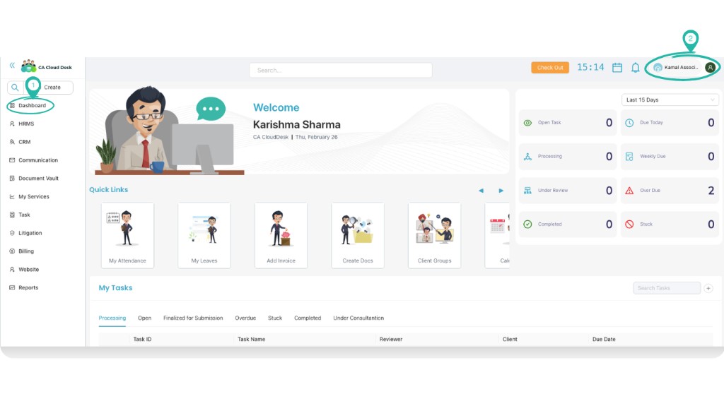 CA Cloud Desk Dashboard with Dashboard and profile area highlighted