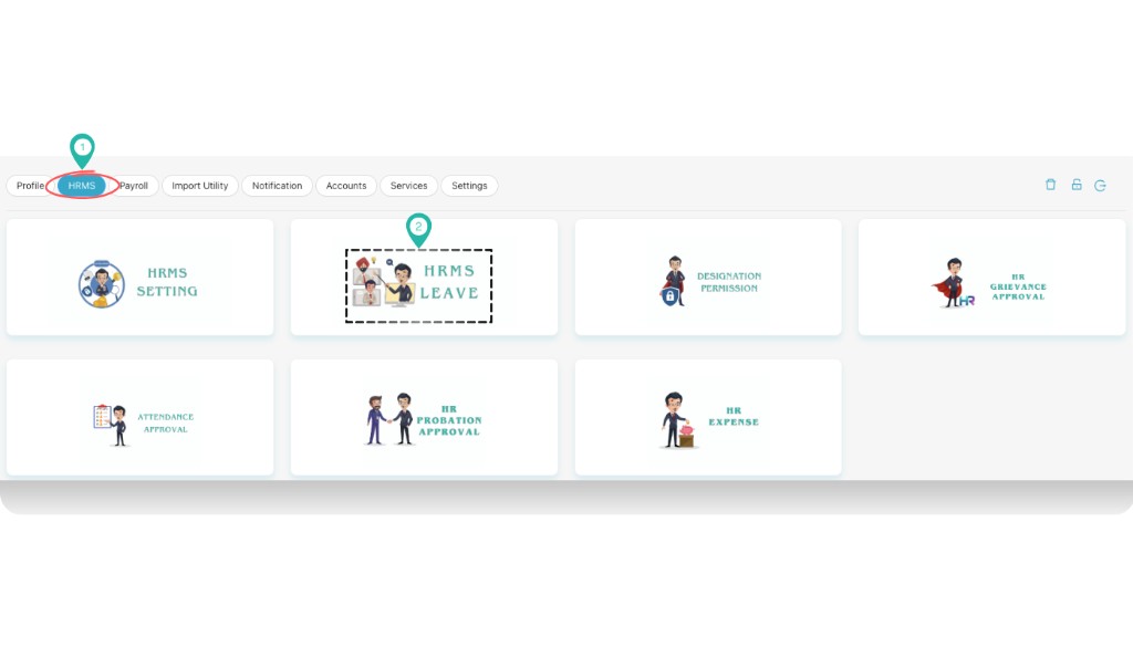 HRMS section with HRMS Leave card highlighted