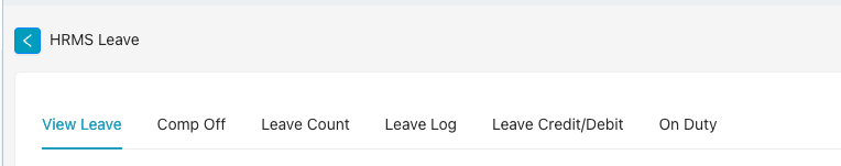 HRMS Leave module with six tabs: View Leave, Comp Off, Leave Count, Leave Log, Leave Credit/Debit, On Duty