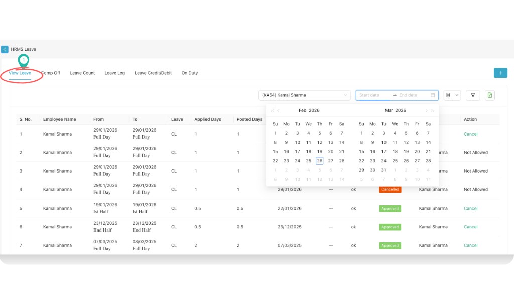 View Leave tab with filters and leave table